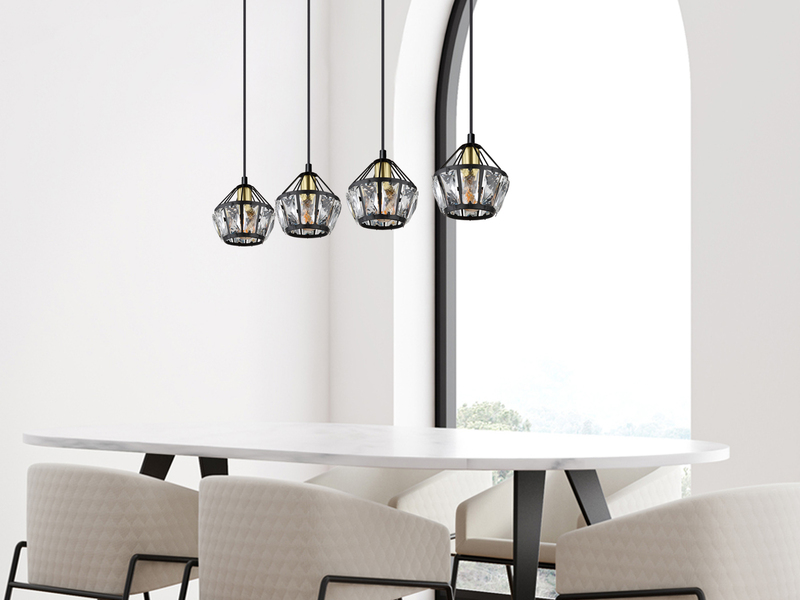 LED Pendelleuchte 4-flammig Metall Schwarz Gold mit Glaskristallen, Breite 73cm