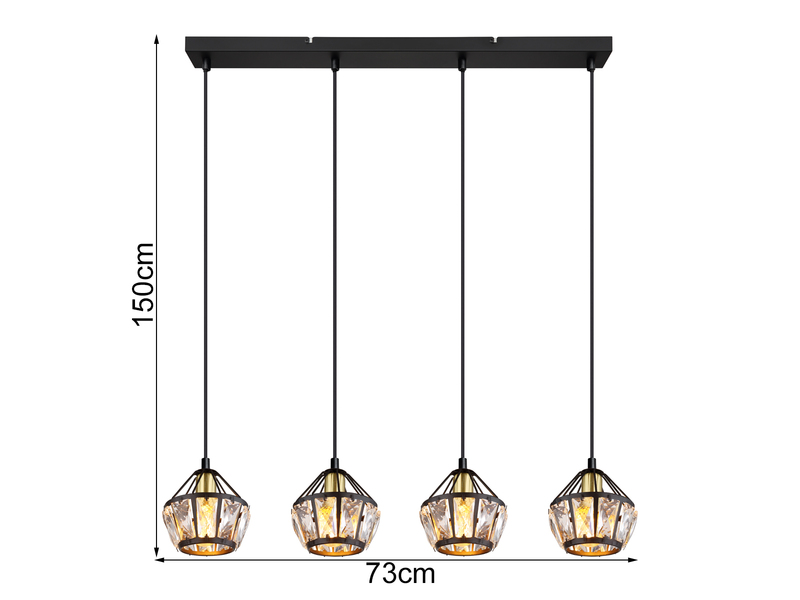 LED Pendelleuchte 4-flammig Metall Schwarz Gold mit Glaskristallen, Breite 73cm