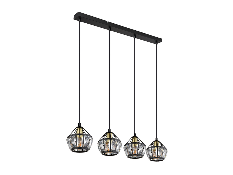 LED Pendelleuchte 4-flammig Metall Schwarz Gold mit Glaskristallen, Breite 73cm
