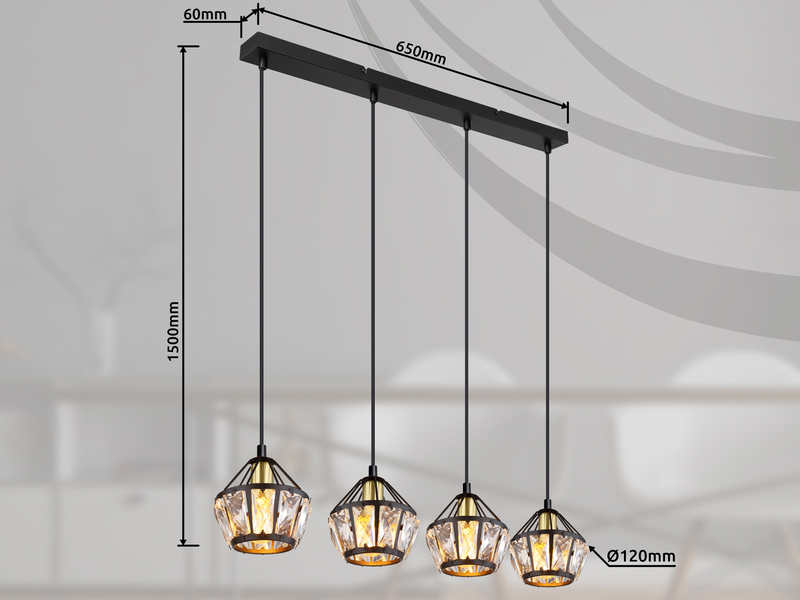 LED Pendelleuchte 4-flammig Metall Schwarz Gold mit Glaskristallen, Breite 73cm