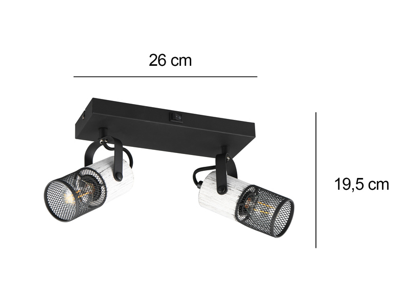 Wandstrahler 2-flammig mit Schalter mit Maßangaben Höhe 19,5 cm und Breite 26 cm
