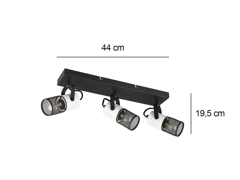 Deckenstrahler 3-flammig mit Maßangaben Breite 44 cm und Höhe 19,5 cm