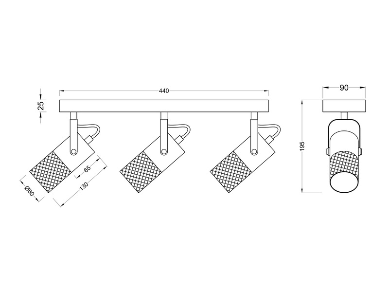 Deckenstrahler 3-flammig Zeichnung mit Maßangaben