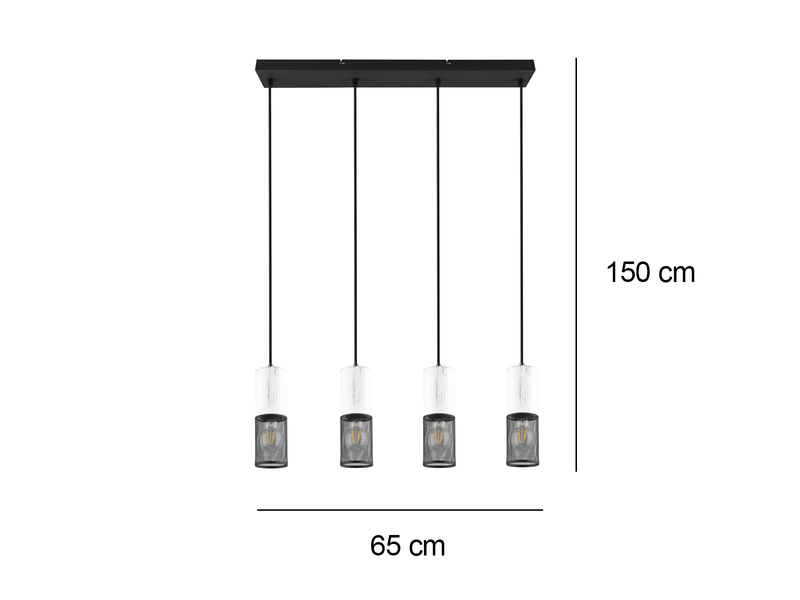 Pendelleuchte 4-flammig aus weißem Holz mit Drahtgeflecht, mit Maßangaben Höhe 150 cm, Breite 65 cm