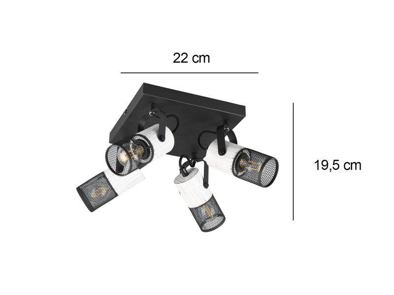 Deckenstrahler 4-flammig mit Maßangaben Breite 22 cm, Höhe 19,5 cm