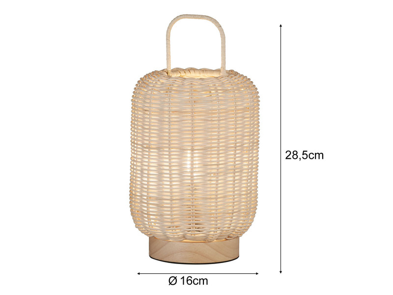 LED Tischlampe dimmbar, Laterne aus Holz & Korbgeflecht, 28,5cm klein