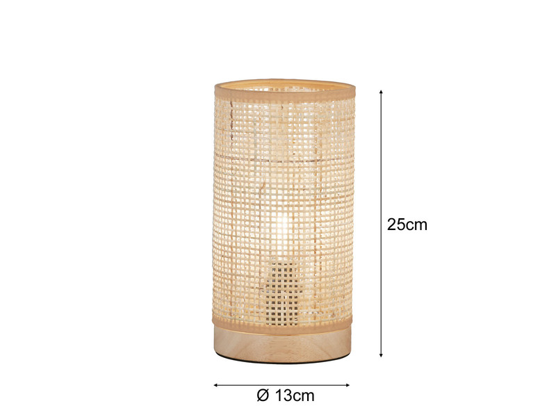 LED Tischlampe dimmbar, Zylinder Holz & Korbgeflecht, 25cm klein