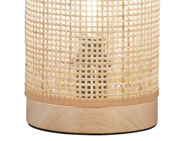 LED Tischlampe dimmbar, Zylinder Holz & Korbgeflecht, 25cm klein