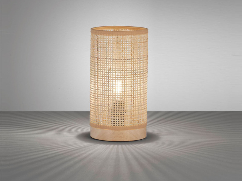 LED Tischlampe dimmbar, Zylinder Holz & Korbgeflecht, 25cm klein
