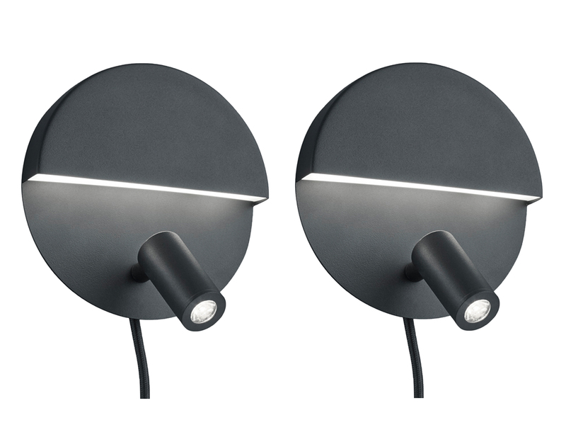 2er SET LED Leselampen Schwarz mit Schalter & Stecker, Ø 16cm