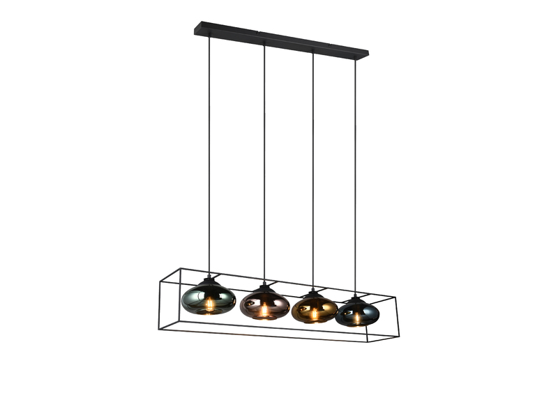 Pendelleuchte LAMYA 4flammig, Schwarz mit Glasschirmen Bunt, 100cm lang