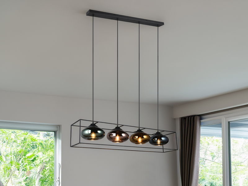 Pendelleuchte LAMYA 4flammig, Schwarz mit Glasschirmen Bunt, 100cm lang