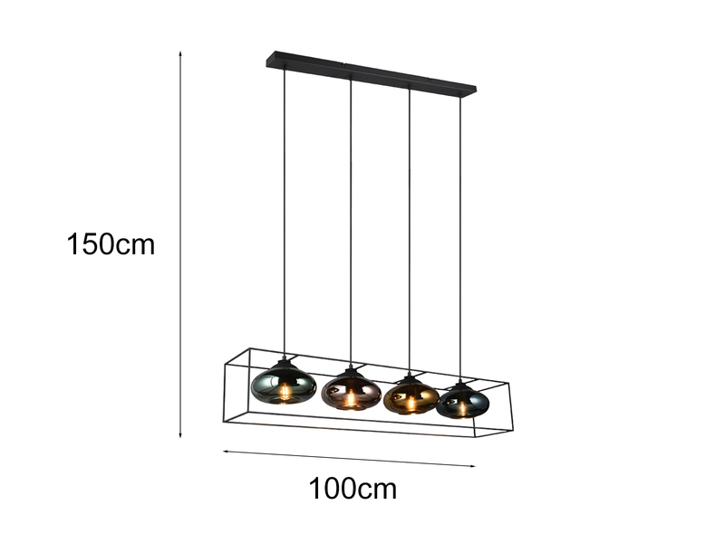 Pendelleuchte LAMYA 4flammig, Schwarz mit Glasschirmen Bunt, 100cm lang