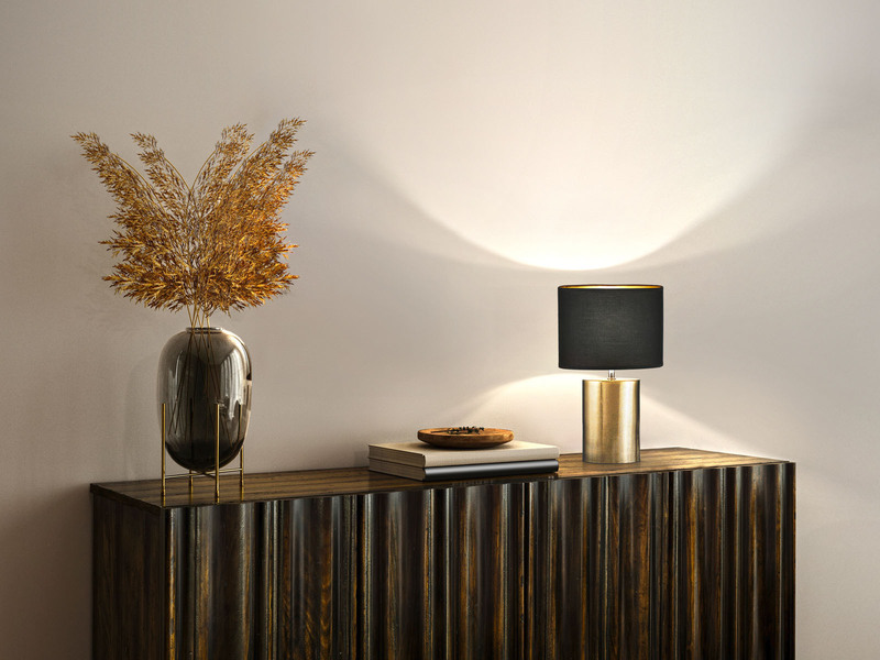Tischleuchte BRONZ mit Keramikfuß & Stoffschirm Schwarz innen Gold, Höhe 35cm