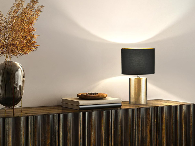 Tischleuchte BRONZ mit Keramikfuß & Stoffschirm Schwarz innen Gold, 43cm groß