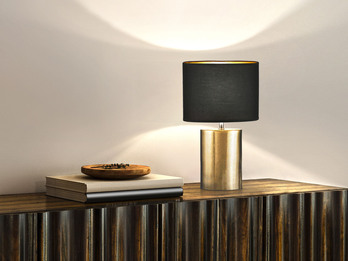Tischleuchte BRONZ mit Keramikfuß & Stoffschirm Schwarz innen Gold, 43cm groß