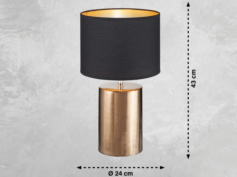LED Tischlampe mit Keramikfuß & Stoffschirm Schwarz innen Gold, 43cm groß