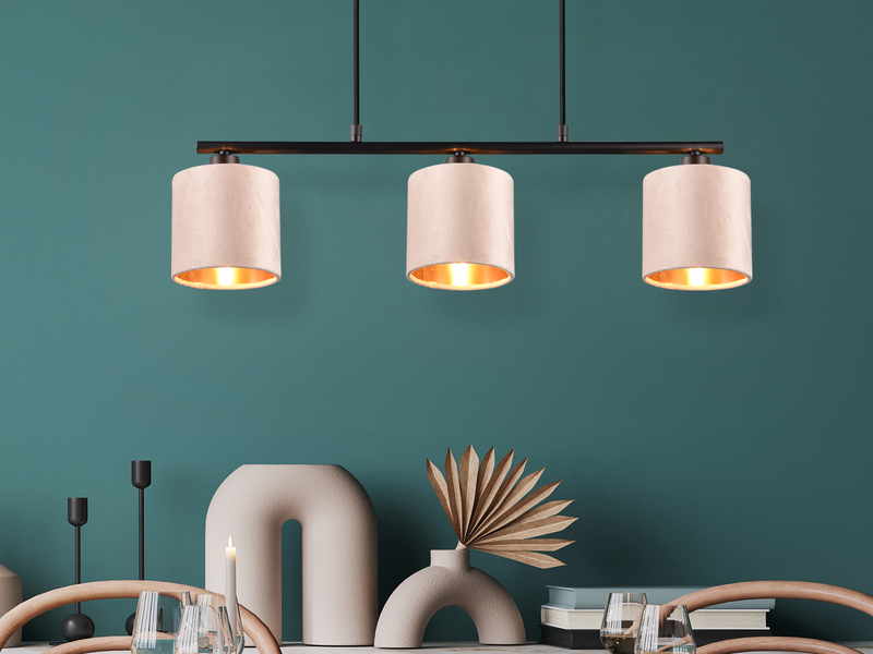 LED Pendelleuchte 3-flammig Samt Lampenschirme Beige Gold, Breite 66cm