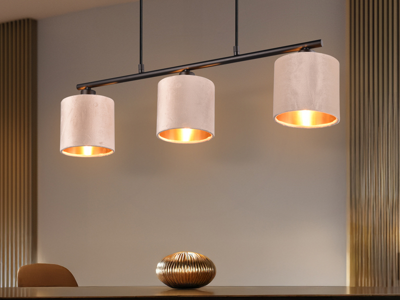LED Pendelleuchte 3-flammig Samt Lampenschirme Beige Gold, Breite 66cm