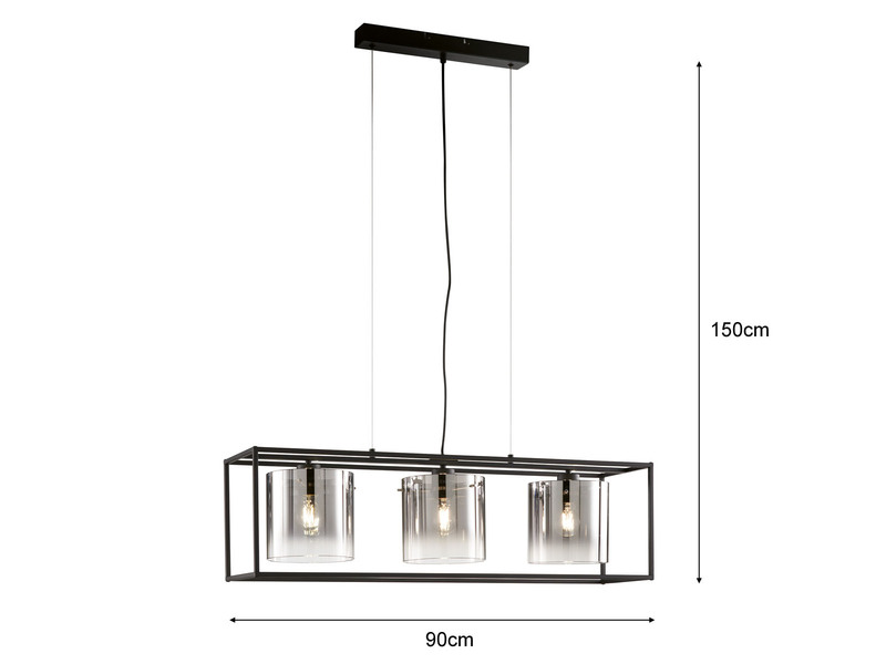 LED Pendelleuchte 3-flammig Schwarz mit Rauchglas, Breite 90cm