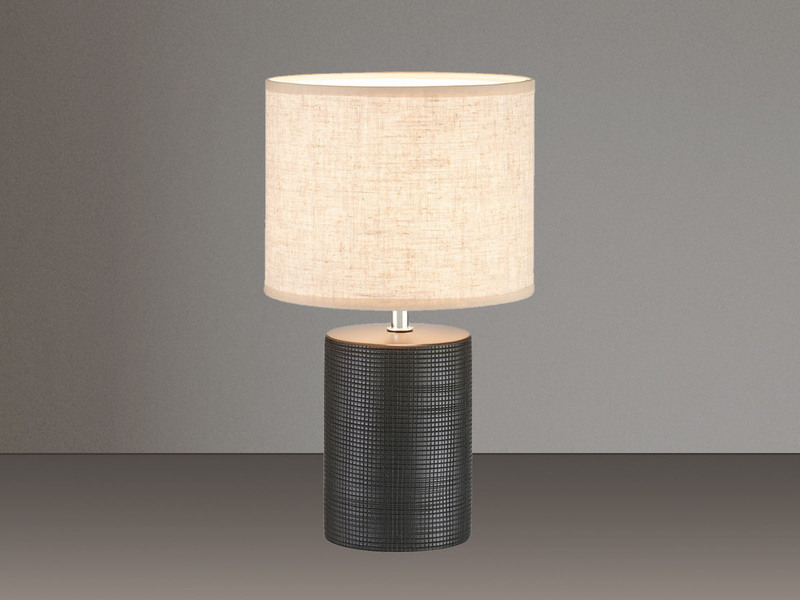 LED Tischlampe mit Keramikfuß Schwarz & Stoffschirm Leinen, Höhe 35cm