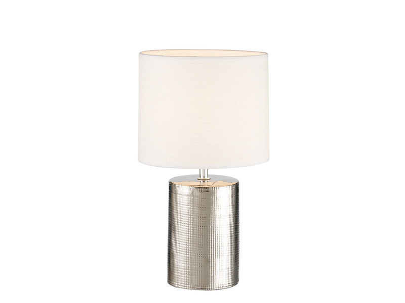 LED Tischlampe mit Keramikfuß Silber Antik & Stoffschirm Leinen Weiß, Höhe 35cm