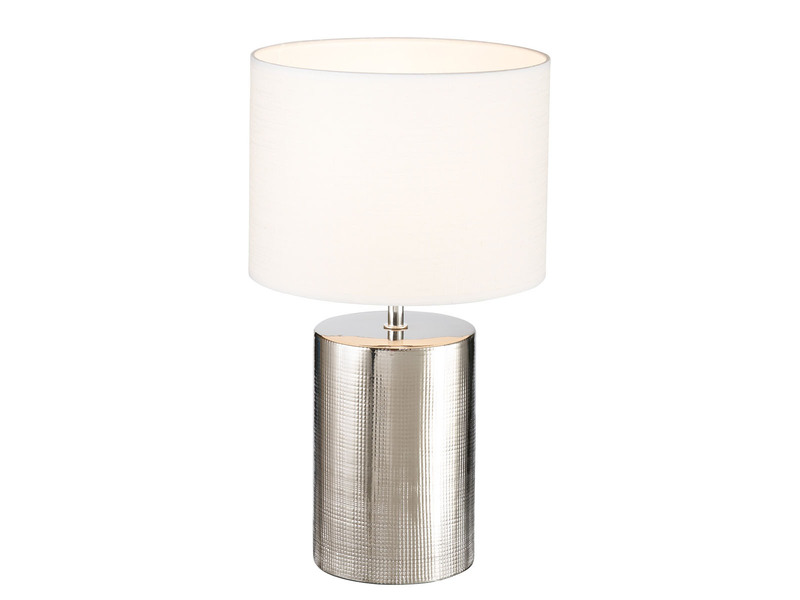 LED Tischlampe mit Keramikfuß Silber Antik & Stoffschirm Leinen Weiß, 43cm groß