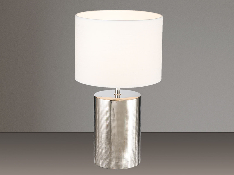 LED Tischlampe mit Keramikfuß Silber Antik & Stoffschirm Leinen Weiß, 43cm groß