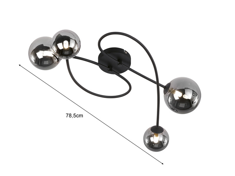 LED Deckenleuchte BALA 4 flammig Schwarz mit Rauchglas Kugeln, 78,5cm lang