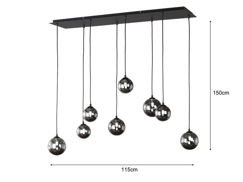 LED Pendelleuchte BALA 8 flammig Schwarz mit Rauchglas Kugeln, 115cm lang