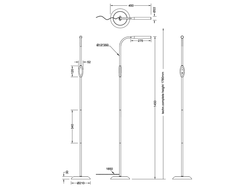 Dimmbare LED Stehleuchte TORO Schwanenhals, Schwarz, Höhe 145cm