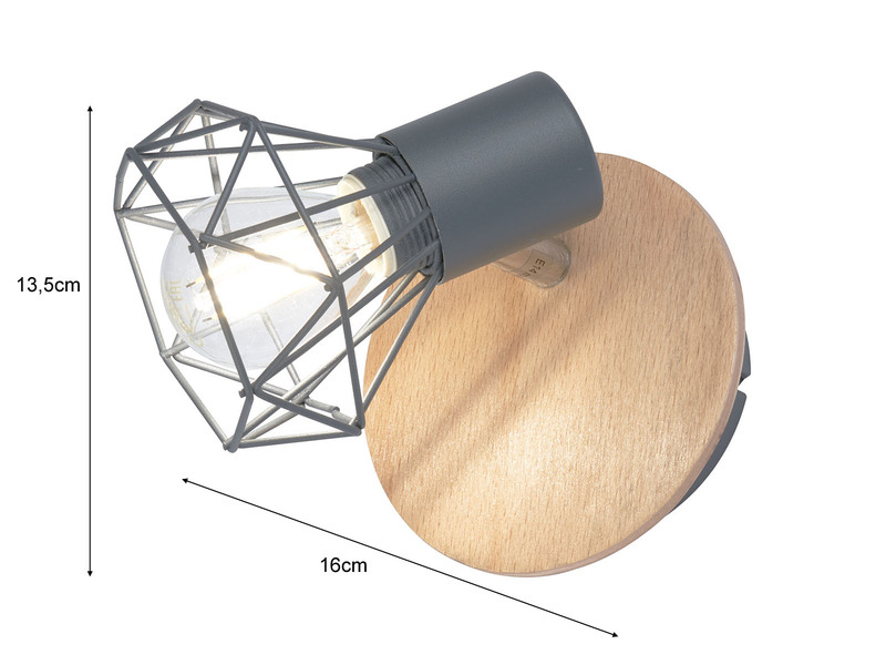Wandstrahler RAN Grau / Holz mit Schalter, Gitterlampe schwenkbar, Breite 11cm