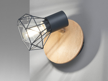 Wandstrahler RAN Grau / Holz mit Schalter, Gitterlampe schwenkbar, Breite 11cm