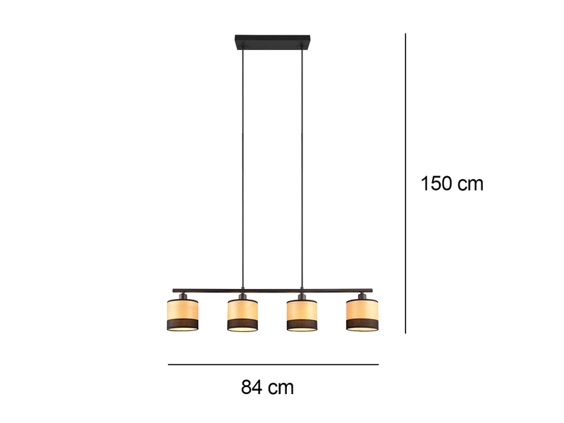 LED Balkenpendelleuchte 4-flammig Lampenschirme Holzoptik, Breite 84cm