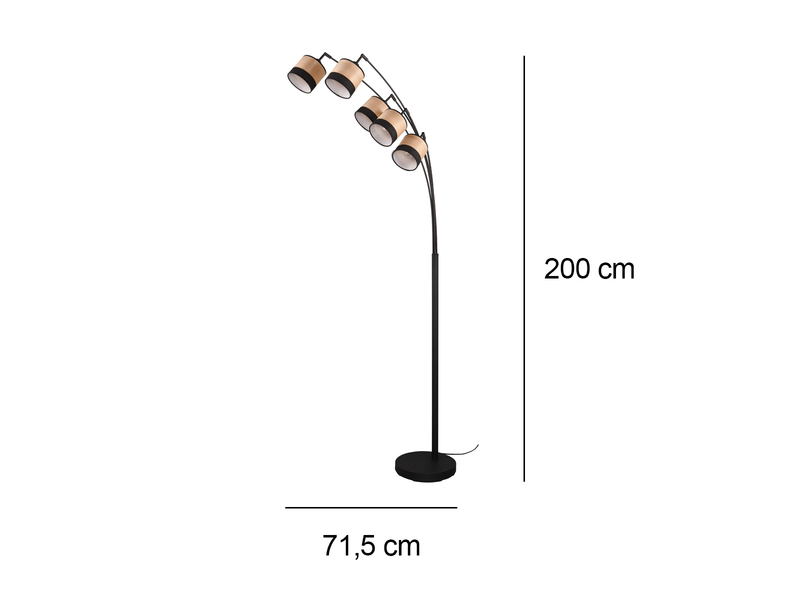 Große LED Bogenleuchte 5-flammig Lampenschirme in Holzoptik, Höhe 200cm