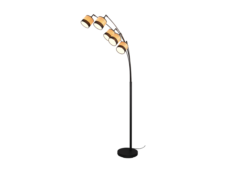 Große LED Bogenleuchte 5-flammig Lampenschirme in Holzoptik, Höhe 200cm