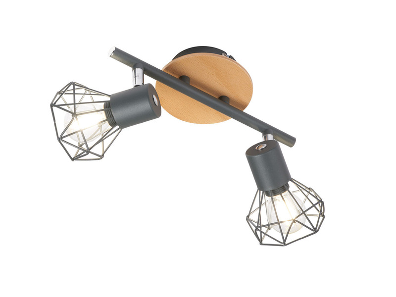 LED Deckenstrahler Grau / Holz 2-flammig, Gitterlampe schwenkbar, Breite 25cm