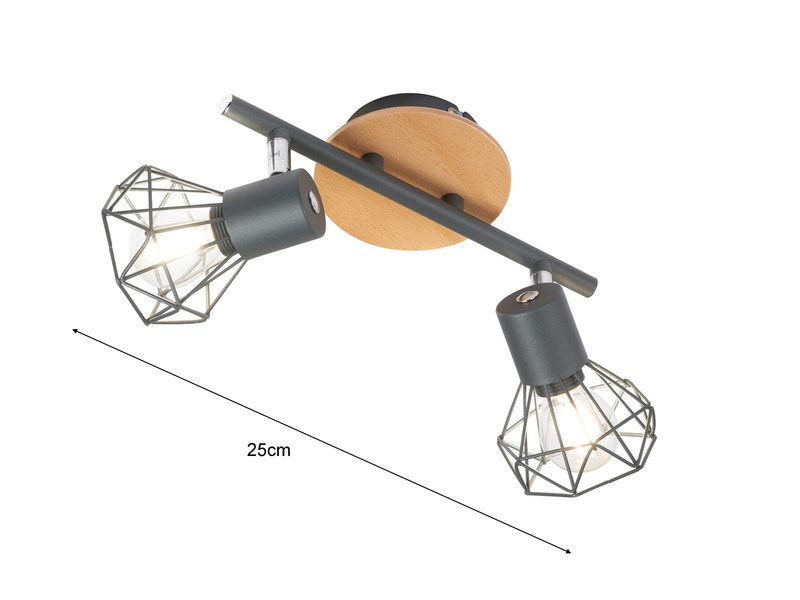LED Deckenstrahler Grau / Holz 2-flammig, Gitterlampe schwenkbar, Breite 25cm