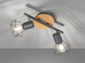 LED Deckenstrahler Grau / Holz 2-flammig, Gitterlampe schwenkbar, Breite 25cm