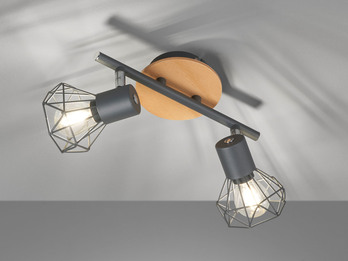 LED Deckenstrahler Grau / Holz 2flammig, Gitterlampe schwenkbar, Länge 25cm