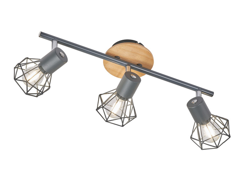 LED Deckenstrahler Grau / Holz 3-flammig, Gitterlampe schwenkbar, Breite 42cm