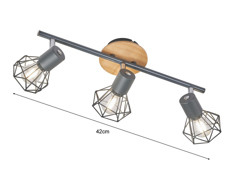 LED Deckenstrahler Grau / Holz 3-flammig, Gitterlampe schwenkbar, Breite 42cm