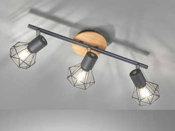 LED Deckenstrahler Grau / Holz 3-flammig, Gitterlampe schwenkbar, Breite 42cm