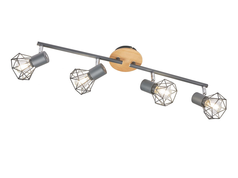 LED Deckenstrahler Grau / Holz 4-flammig, Gitterlampe schwenkbar, Breite 60cm