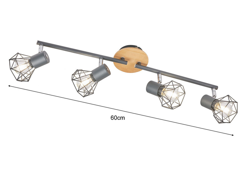 LED Deckenstrahler Grau / Holz 4-flammig, Gitterlampe schwenkbar, Breite 60cm