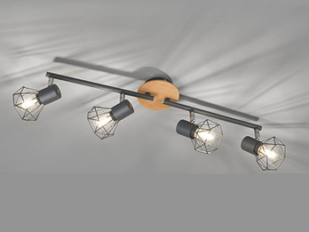 LED Deckenstrahler Grau / Holz 4-flammig, Gitterlampe schwenkbar, Breite 60cm