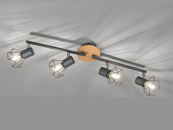 LED Deckenstrahler Grau / Holz 4flammig, Gitterlampe schwenkbar, 60cm lang