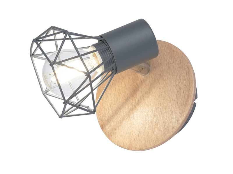 LED Wandstrahler Grau / Holz mit Schalter, Gitterlampe schwenkbar, Breite 11cm