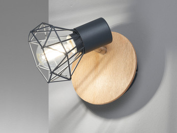 LED Wandstrahler Gitterlampe Grau / Holz mit Schalter, Breite 11cm