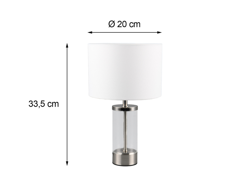 LED Tischleuchte Silber mit Glasfuß und Stoffschirm Weiß, Höhe 33cm